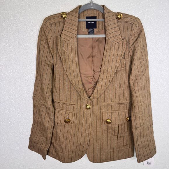 Smythe Blazer Women 6 Linen Burlap Stripe Jacket Lapel Military Style Career NEW